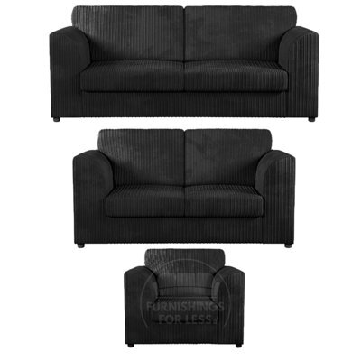 Furnishings For Less UK Luxor Jumbo Cord 3 + 2 + 1 Fabric 3 Piece Sofa Suite - Fullback Black - image 1