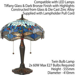 Tiffany Glass Table Lamp Light Dark Bronze Base & Blue Dragonfly Shade I00192 - thumbnail 2