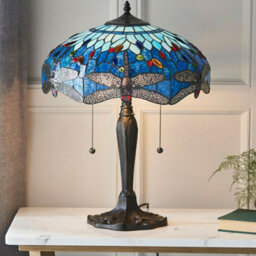 Tiffany Glass Table Lamp Light Dark Bronze Base & Blue Dragonfly Shade I00192 - thumbnail 3
