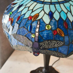 Tiffany Glass Table Lamp Light Dark Bronze Base & Blue Dragonfly Shade I00192 - thumbnail 4
