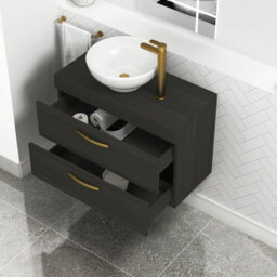 Royal Bathrooms 800mm Wall Hung Vanity Unit 2 Drawer Hale Black & Breeze Countertop Basin With Brushed Brass Handle - thumbnail 3