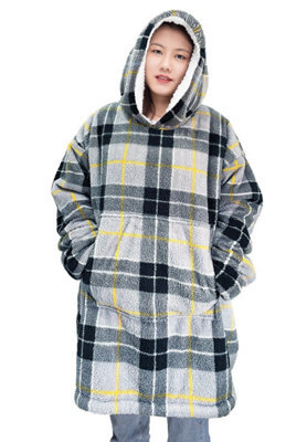 Homes & Linen Blanket Hoodie Tartan Check Oversized Wearable Teddy Fleece Hooded Blanket