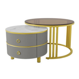 Matteo 2-In-1 Round Nesting Coffee Table Set With Storage Drawers - Grey & Brown - thumbnail 6