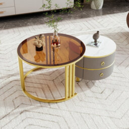 Matteo 2-In-1 Round Nesting Coffee Table Set With Storage Drawers - Grey & Brown - thumbnail 3
