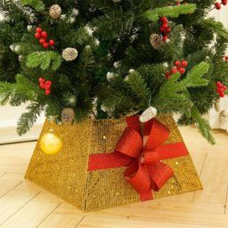 Living And Home Square Gold Led Lighted Christmas Tree Collar Tree Skirt Stand Basket Decor With Bow Tie 30Cm (H) - thumbnail 2