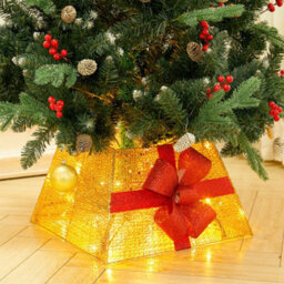 Living And Home Square Gold Led Lighted Christmas Tree Collar Tree Skirt Stand Basket Decor With Bow Tie 30Cm (H) - thumbnail 1