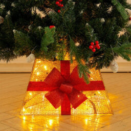 Living And Home Square Gold Led Lighted Christmas Tree Collar Tree Skirt Stand Basket Decor With Bow Tie 30Cm (H) - thumbnail 3