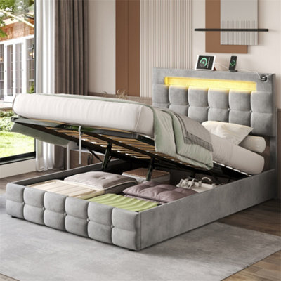 Abrihome 4Ft6 Upholstered Double Bed Frame With Hydraulic Storage,  Ottoman Bed With Led Lighting And Charging Station, Velvet, Grey - image 1