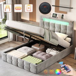 Abrihome 4Ft6 Upholstered Double Bed Frame With Hydraulic Storage,  Ottoman Bed With Led Lighting And Charging Station, Velvet, Grey - thumbnail 3