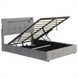 Abrihome 4Ft6 Upholstered Double Bed Frame With Hydraulic Storage,  Ottoman Bed With Led Lighting And Charging Station, Velvet, Grey - thumbnail 7
