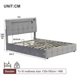 Abrihome 4Ft6 Upholstered Double Bed Frame With Hydraulic Storage,  Ottoman Bed With Led Lighting And Charging Station, Velvet, Grey - thumbnail 6