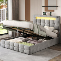 Abrihome 4Ft6 Upholstered Double Bed Frame With Hydraulic Storage,  Ottoman Bed With Led Lighting And Charging Station, Velvet, Grey - thumbnail 1