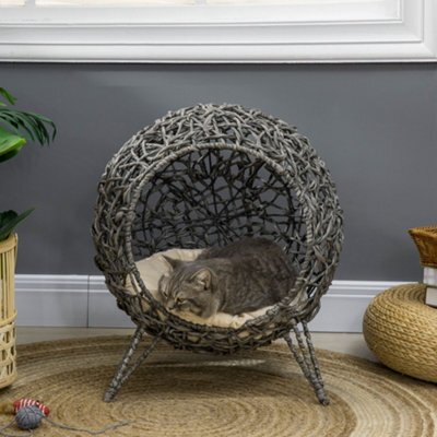 Pawhut Rattan Elevated Cat House Kitten Bed Pet Furniture W/ Cushion Grey - image 1