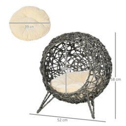 Pawhut Rattan Elevated Cat House Kitten Bed Pet Furniture W/ Cushion Grey - thumbnail 3