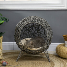 Pawhut Rattan Elevated Cat House Kitten Bed Pet Furniture W/ Cushion Grey - thumbnail 1