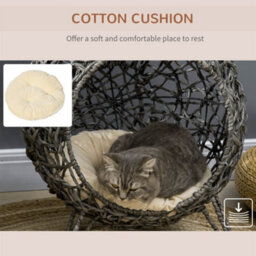 Pawhut Rattan Elevated Cat House Kitten Bed Pet Furniture W/ Cushion Grey - thumbnail 5