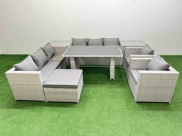 Fimous 9 Seater Wicker Pe Rattan Furniture Outdoor Dining Table 3 Seater Sofa Armchair Set With 2 Side Table Big Stool Light Grey - thumbnail 1