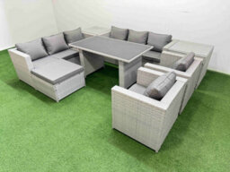 Fimous 9 Seater Wicker Pe Rattan Furniture Outdoor Dining Table 3 Seater Sofa Armchair Set With 2 Side Table Big Stool Light Grey - thumbnail 2