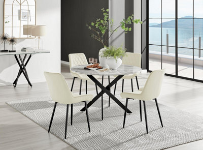 Furniturebox Uk Novara White Marble Black Leg 120Cm Round Dining Table & 4 Cream Pesaro Black Leg Chairs - image 1