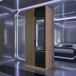 Bali Lux D2 Wardrobe 100Cm With Mirror Slatted Front Shelves Drawers Hanging Rail Storage Unit Black With Oak Wotan With Extension - thumbnail 1
