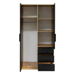 Bali Lux D2 Wardrobe 100Cm With Mirror Slatted Front Shelves Drawers Hanging Rail Storage Unit Black With Oak Wotan With Extension - thumbnail 4