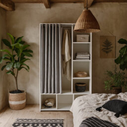 Wyld Haus Uppsala Open Wardrobe Unit In White With Grey Textile Curtain 1050X482.5X1804mm - thumbnail 1