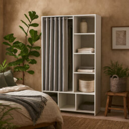 Wyld Haus Uppsala Open Wardrobe Unit In White With Grey Textile Curtain 1050X482.5X1804mm - thumbnail 2