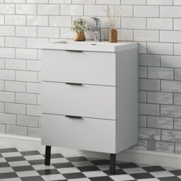 Probaty Bathrooms Vanity Unit Matte White Mdf,600X385X850mm,wall Mounted,3 Drawer With Artificial Stone Square Basin - thumbnail 1
