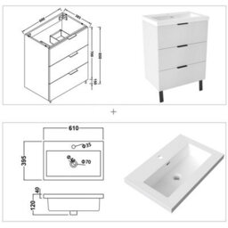 Probaty Bathrooms Vanity Unit Matte White Mdf,600X385X850mm,wall Mounted,3 Drawer With Artificial Stone Square Basin - thumbnail 9