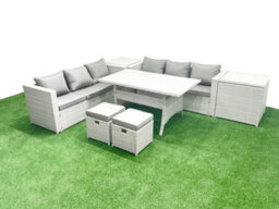 Fimous Rattan Garden Furniture Set 8 Seater Outdoor Sofa Set Dining Table 2 Side Tables 2 Small Stools Light Grey - thumbnail 2