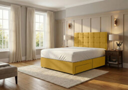 Adore Designs Ashford Plush Velvet Divan Bed, Headboard & Mattress - 4Ft Small Double - Turmeric - 2 Drawers Same Side - thumbnail 1