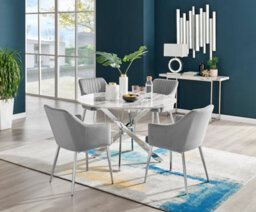 Furniturebox Uk Novara White Marble 120Cm Round Dining Table & 4 Grey Calla Silver Leg Chairs