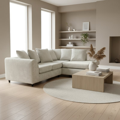 Abakus Direct Jumbo Chenille Corner Sofa In Cream Right Facing With Plush Chaise Extension - image 1