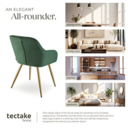 Tectake Set Of 6 Dining Chair Marilyn - Quilted Velvet, Continuous Backrest, Gold Steel Legs  - Dark Green/gold - thumbnail 7