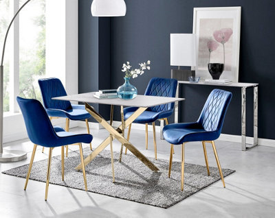 Furniturebox Uk Leonardo White Glass Marble Effect Gold Leg Table & 4 Navy Pesaro Gold Leg Chairs - image 1
