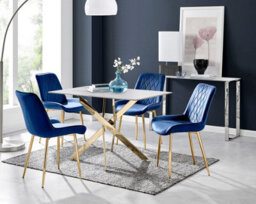 Furniturebox Uk Leonardo White Glass Marble Effect Gold Leg Table & 4 Navy Pesaro Gold Leg Chairs