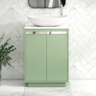 Royal Bathrooms Orion 600mm Mint Sage Floor Standing Plain White Countertop Vanity Unit 2 Door With Cesar Basin & Chrome Accent Trim - image 1