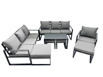 Fimous Outdoor Garden Furniture Set Aluminium Lounge 3 Seat Sofa Oblong Coffee Table Sets With Chair 4 Stools Dark Grey - image 1
