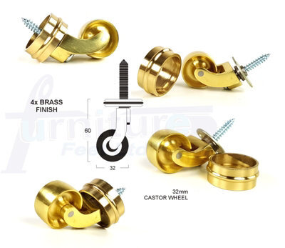 L&F 4X Brass Castor & Ring 32mm Screw In Castor  Furniture Beds Sofas Chairs Stools - image 1
