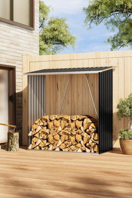 Darphe Black-Coated Wooden Sloped Roof Storage Shed With Metal Firewood Rack For Outdoor Use - image 1