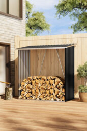 Darphe Black-Coated Wooden Sloped Roof Storage Shed With Metal Firewood Rack For Outdoor Use - thumbnail 3
