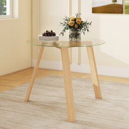 Costway 90Cm Round Kitchen Table Tempered Glass Dining Table For 4-Natural - thumbnail 1