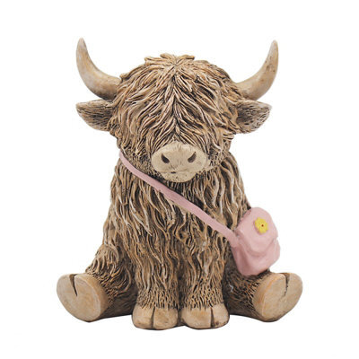 Highland Cow Figurine Pink Hand Bag Ornament Decor Rustic Display Resin Gift - image 1