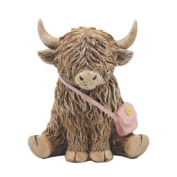 Highland Cow Figurine Pink Hand Bag Ornament Decor Rustic Display Resin Gift - thumbnail 1