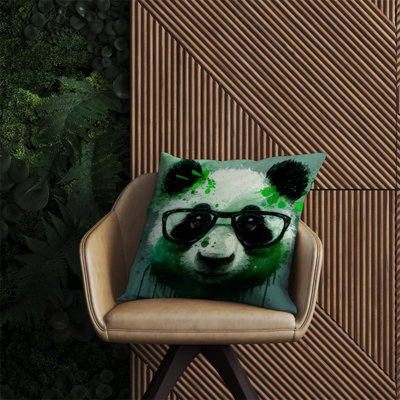 Warren Reed Designer Panda With Glasses, Green Splashart Outdoor Cushion 60Cm X 60Cm