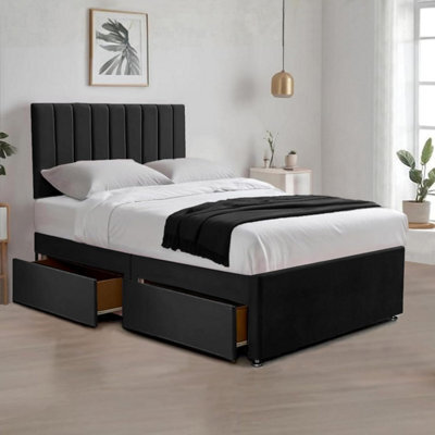 Black Plush 5Ft King Size Bed With Matttress  2 Storage Drawers And 20 Inch Vertical Line Headboard - image 1