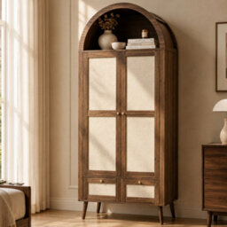 Btm Arched 2 Door Wardrobe With 2 Drawers, 180Cm Rattan Effect Double Wardrobe With Hanging Rail And Display Shelf, Walnut Beige