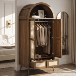 Btm Arched 2 Door Wardrobe With 2 Drawers, 180Cm Rattan Effect Double Wardrobe With Hanging Rail And Display Shelf, Walnut Beige - thumbnail 2