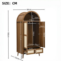 Btm Arched 2 Door Wardrobe With 2 Drawers, 180Cm Rattan Effect Double Wardrobe With Hanging Rail And Display Shelf, Walnut Beige - thumbnail 6