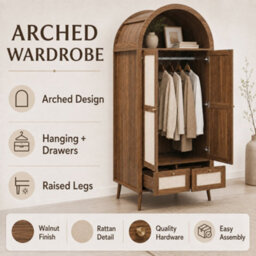 Btm Arched 2 Door Wardrobe With 2 Drawers, 180Cm Rattan Effect Double Wardrobe With Hanging Rail And Display Shelf, Walnut Beige - thumbnail 9